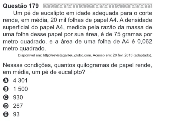 Imagem da questão 179 do ENEM 2020 (Matemática)